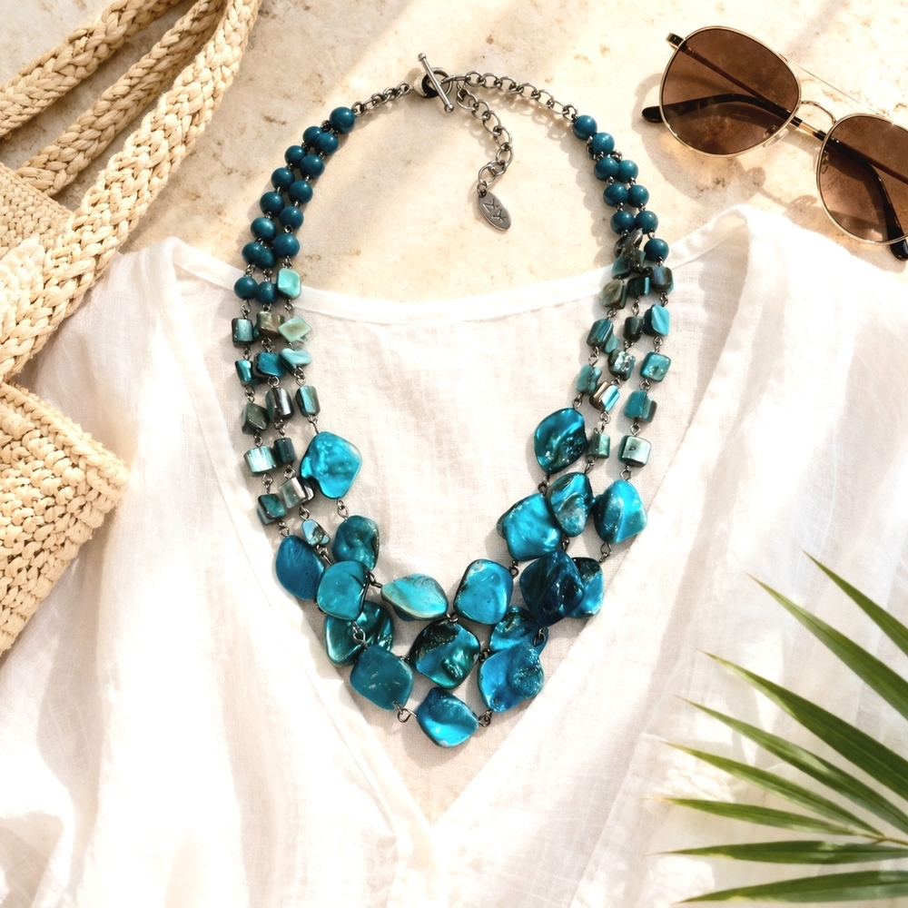 NY & Co. Bright Turquoise Necklace Multi Strand Beaded Shell Layered Adjustable - Picture 2 of 8